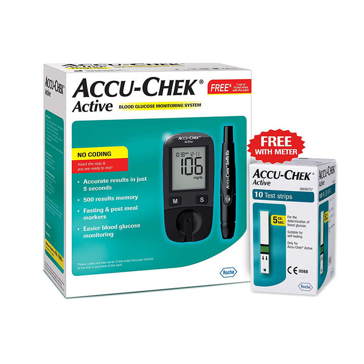 accu-chek active blood glucose meter kit vial of 10 strips free (multicolor)