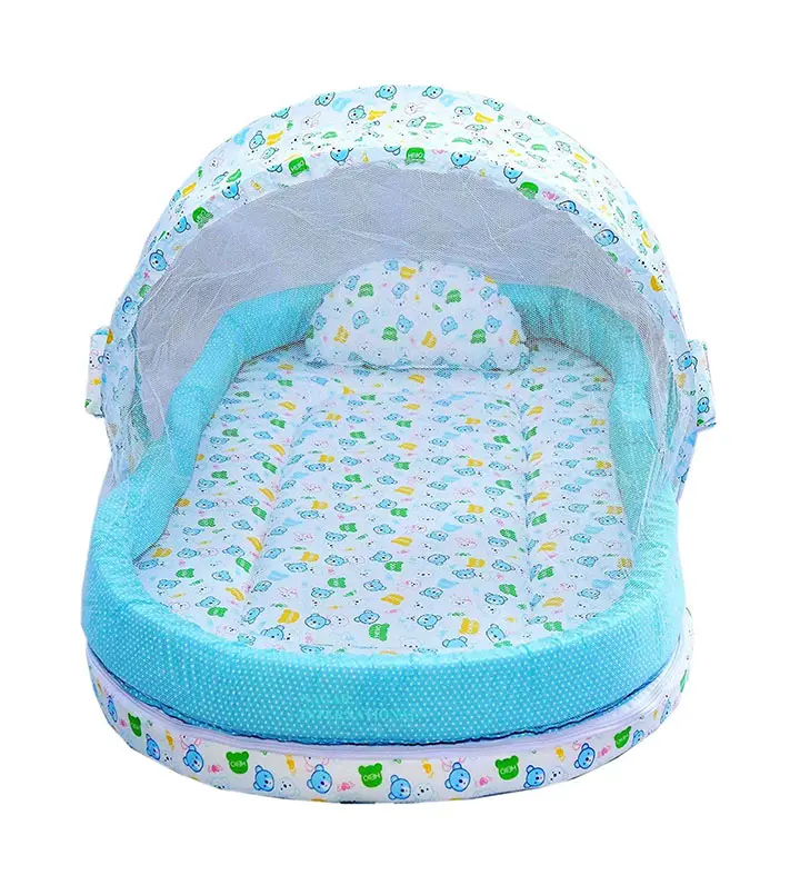 nagar international baby cotton mattress with mosquito net and bumper guard (blue)