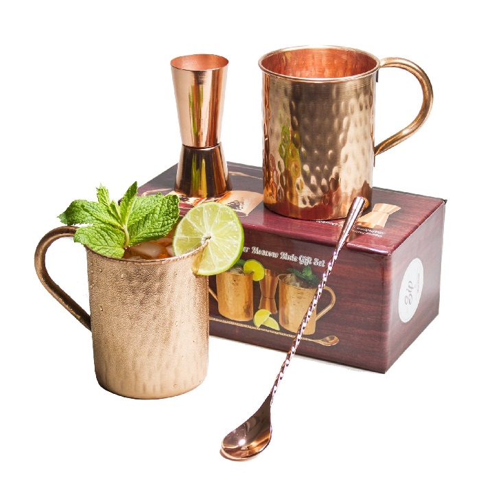 aarrt copper mug with peg measure and bar spoon