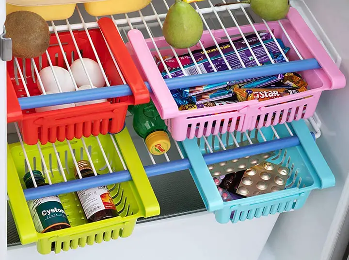 kouzzina 4 pcs expandable adjustable fridge storage basket under shelf fridge organiser rack
