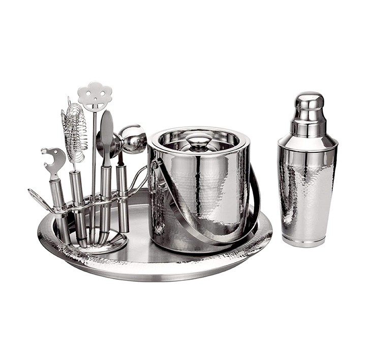 nine piece hammered finish stainless steel bar set by topshelf