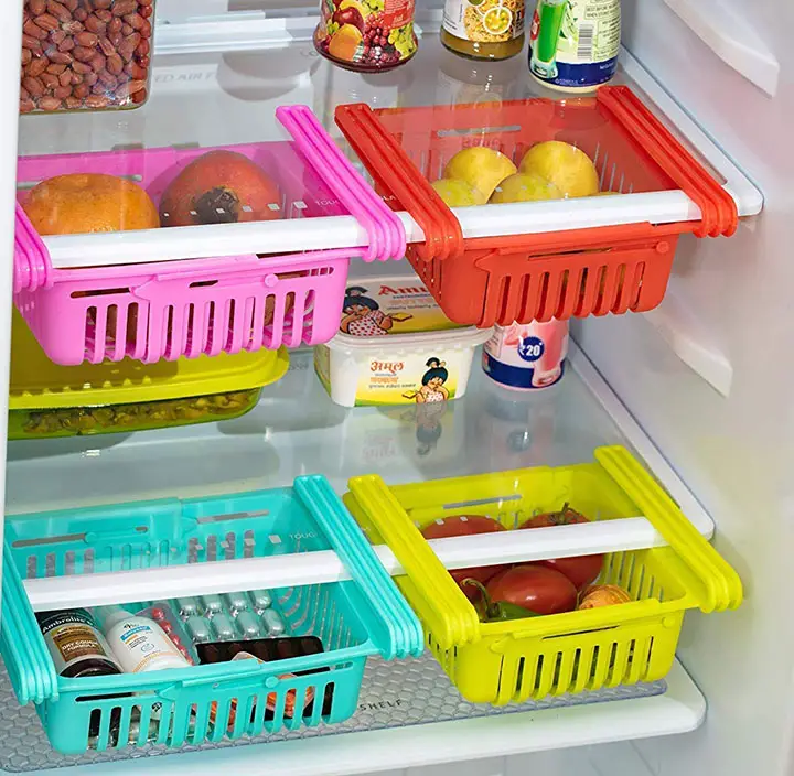 peiroks 4 pcs expandable adjustable fridge storage basket under shelf fridge organise rack
