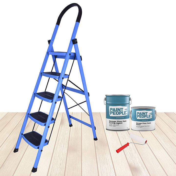 plantex prime steel folding 5 step ladder for home - 5 wide anti skid steps (blue & black)