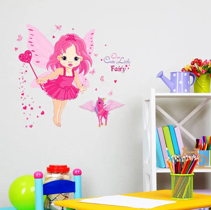 decals design 'baby girl cartoon cute princess in pink with butterfly wings and unicorn' wall sticker