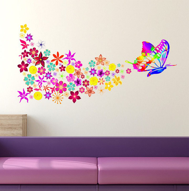 decals design 'butterfly with colorful flowers blowing' wall sticker