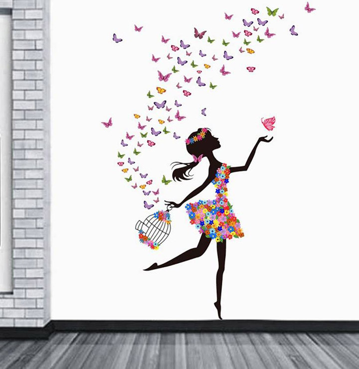 decals design 'dreamy girl with flying colourful butterflies' wall sticker
