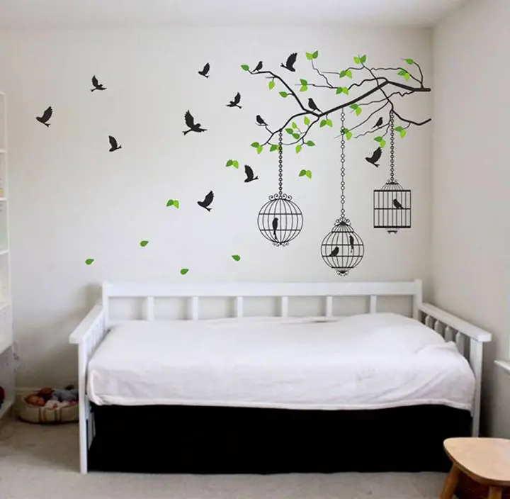 decals design 'tree branches with leaves birds and cages' wall sticker
