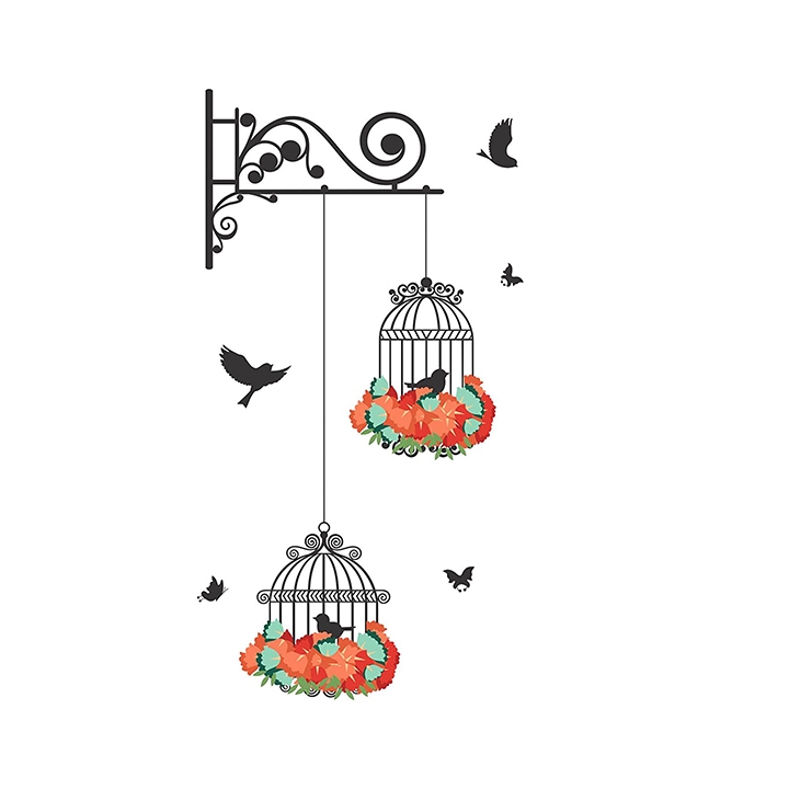 decals design wall sticker 'hanging birds cage with flowers