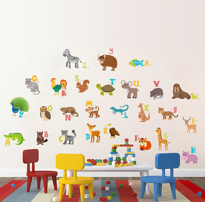 rawpockets abcd english alphabets animals name baby' wall sticker