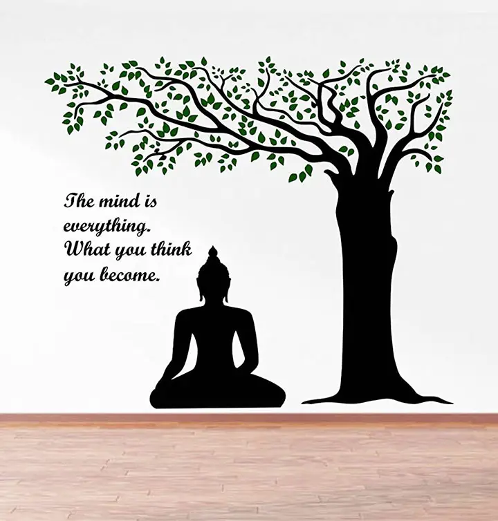 rawpockets decals 'lord buddha under tree and quote on mind' wall sticker
