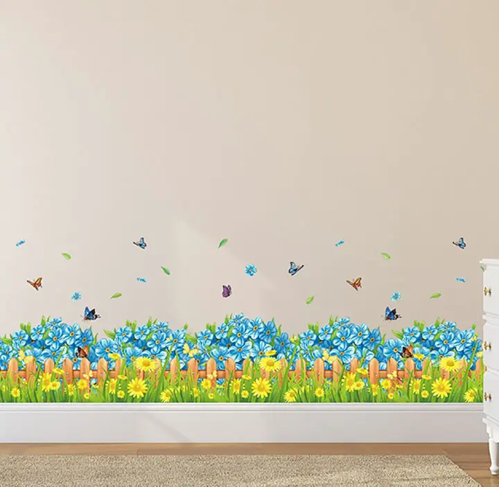 solimo wall sticker for living room blue floral picket fence with butterflies