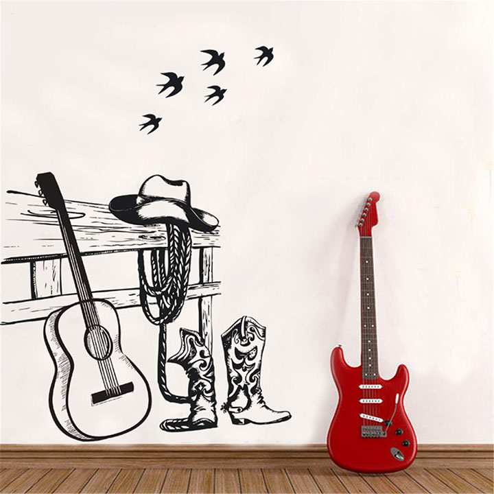 Ampire Wall Stickers Monochrome Cowboy Hat Shoes and Guitar Decor