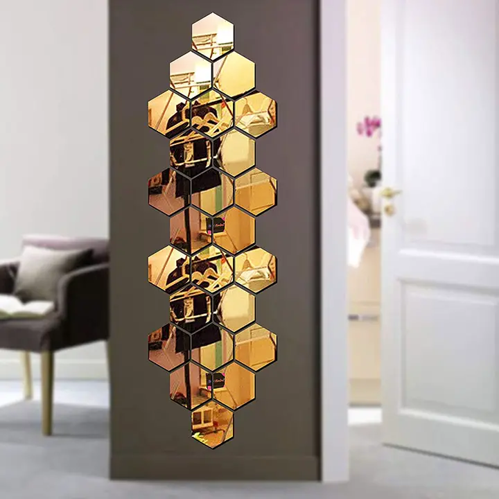 Bikri Kendra® Hexagon Wall Decor 24 Golden 3D Acrylic Mirror Wall Stickers