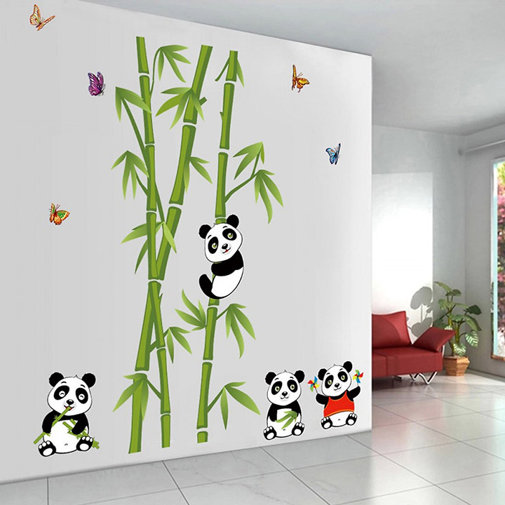 Cute Little Animals Panda on Bamboo Trees' Wall Sticker