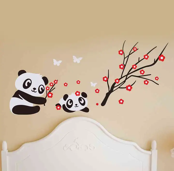Decals Design 'Animal Panda with Baby Butterflies and Red Flowers' Wall Sticker