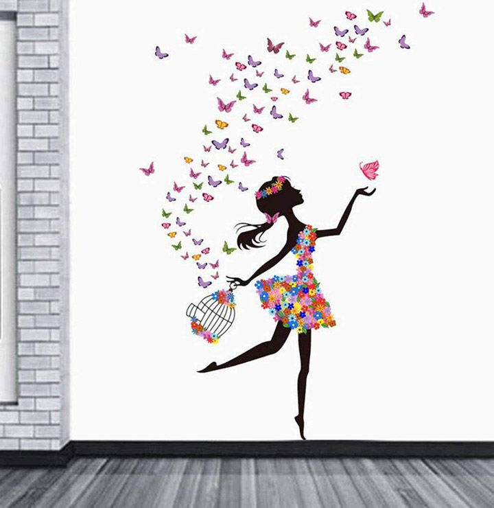 Decals Design 'Dreamy Girl with Flying Colorful Butterflies' Wall Sticker