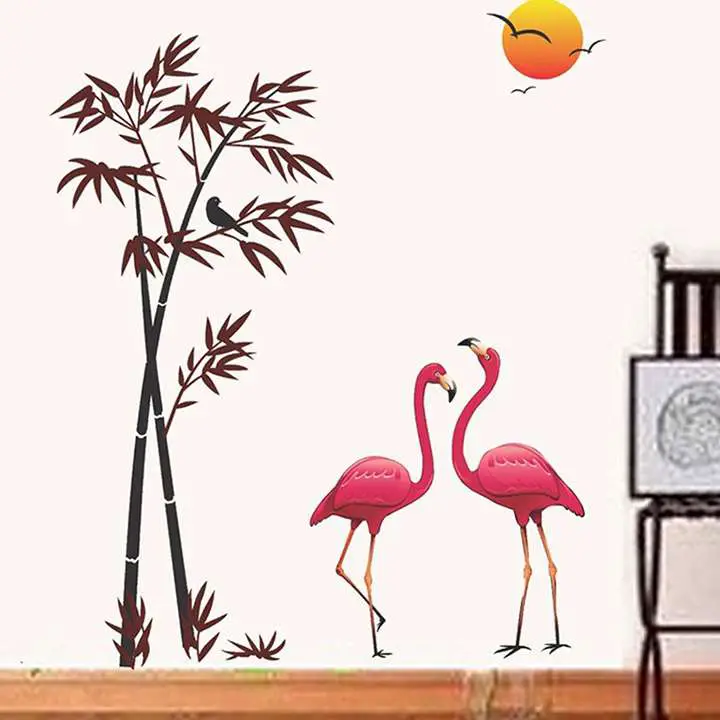 decals design 'flamingos and bamboo at sunset' wall sticker