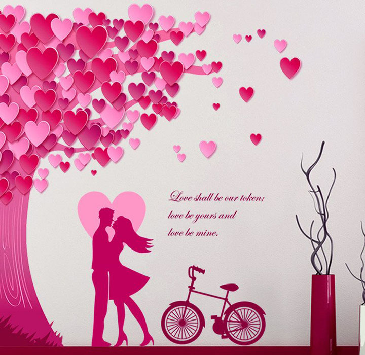 Decals Design 'Romantic Couple Under The Heart Leaves Tree and Love Quote with Bicycle' Wall Sticker