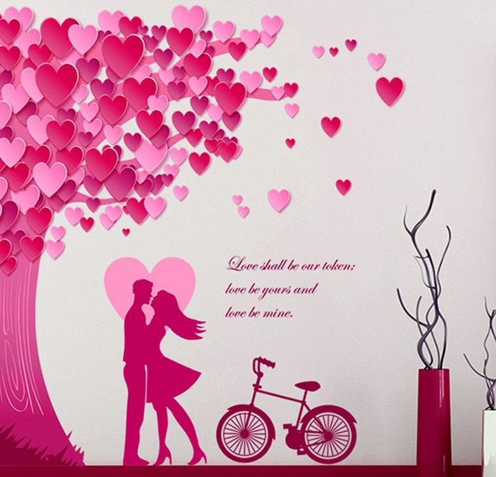 Decals Design 'Romantic Couple Under The Heart Leaves Tree and Love Quote with Bicycle' Wall Sticker