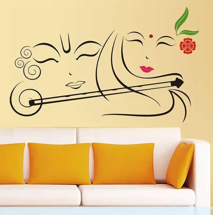 Decals Design StickersKart Wall Stickers Radhe Krishna with Flute