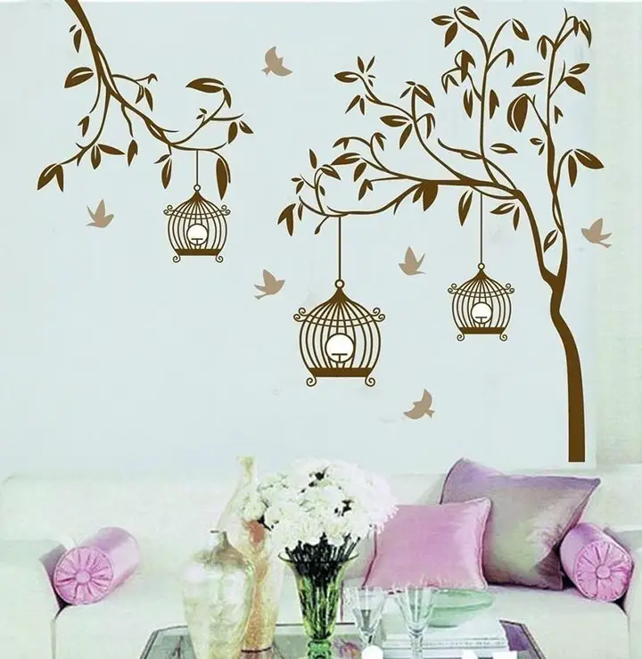 Decals Design StickersKart Wall Stickers Tree with Birds and Cages