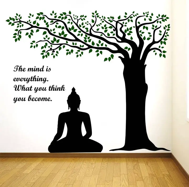 Rawpockets Decals 'Lord Buddha Under Tree and Quote on Mind' Wall Sticker
