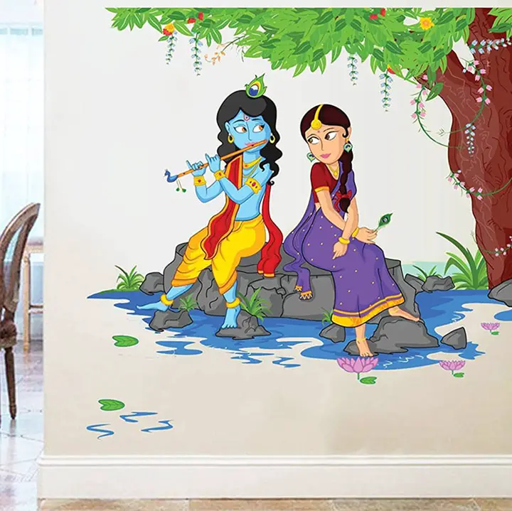 Rawpockets Decals 'Lord Krishna Playing Flute with Radha on River Bed' Wall Sticker