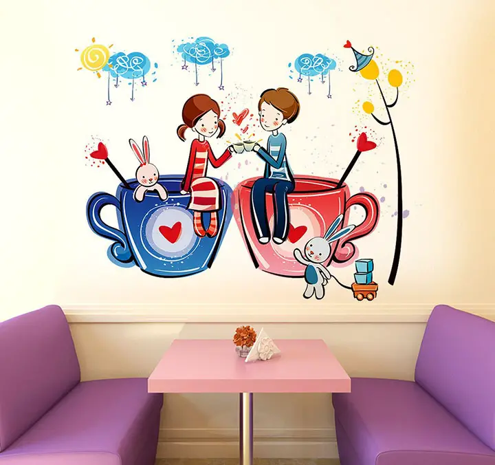 romantic cartoon couple on cups' wall sticker