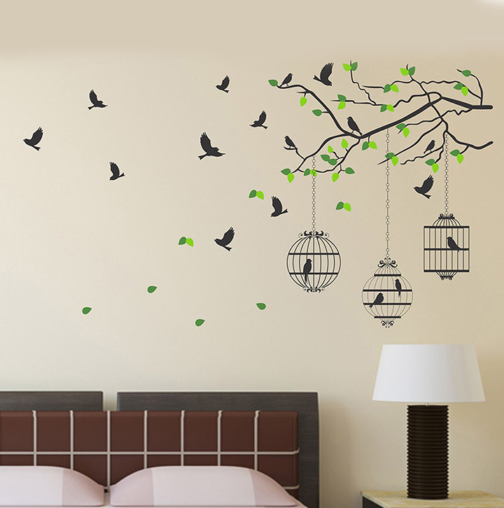 tree branch with leaves bird and cage wall sticker
