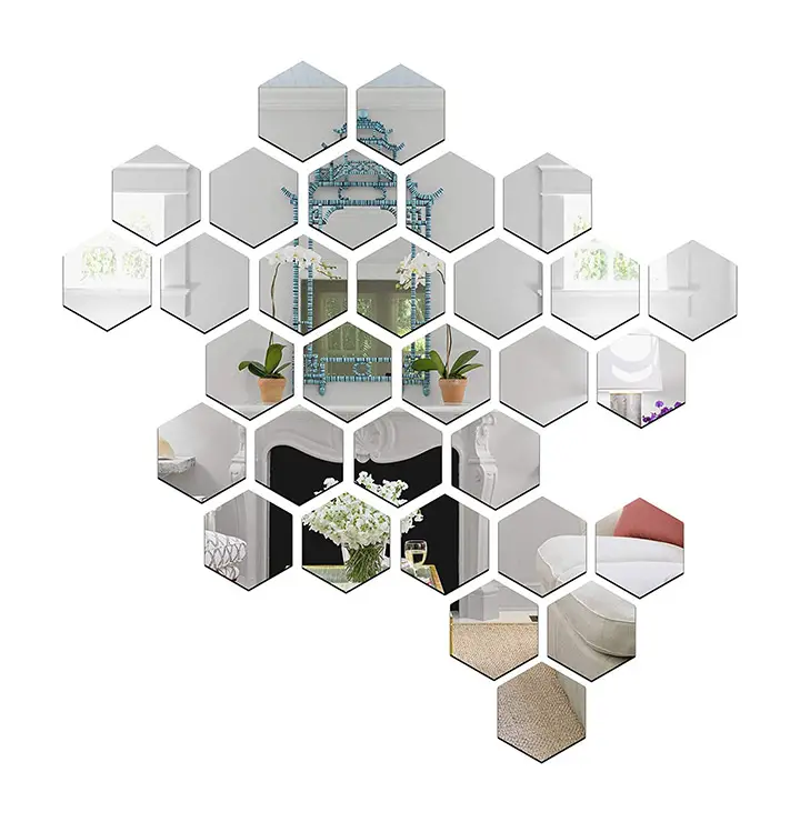 Wall1ders - 31 Hexagon & 10 Butterflies Silver (Size 10.5 x 12 cm) 3D Acrylic Stickers, 3D Acrylic Mirror Wall Stickers