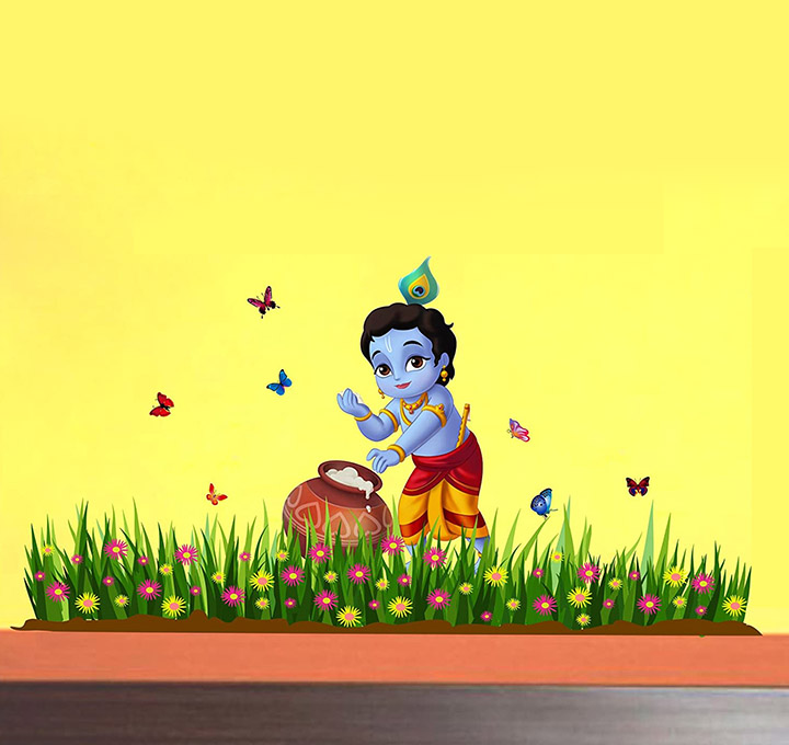 'bal krishna with grass butterfly' wallpaper, wall sticker