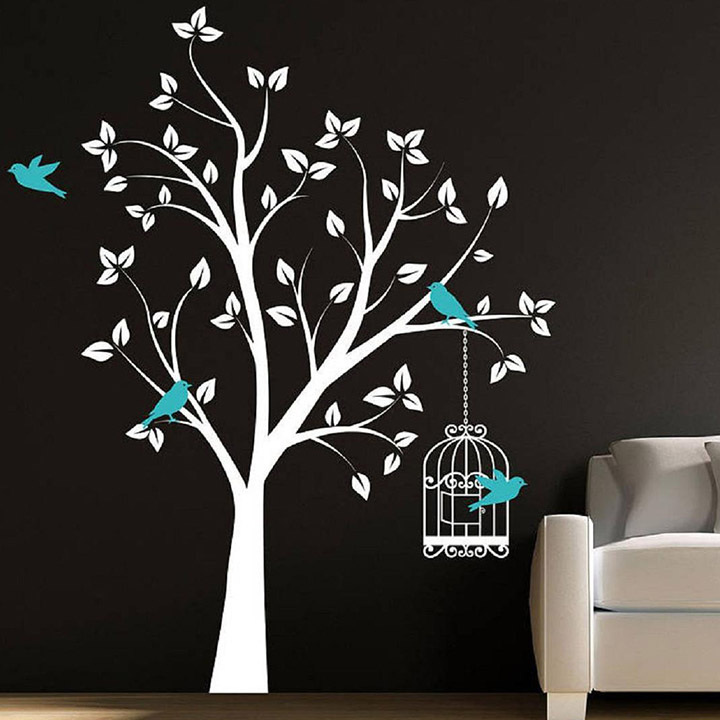 beautiful white tree blue birds and cage