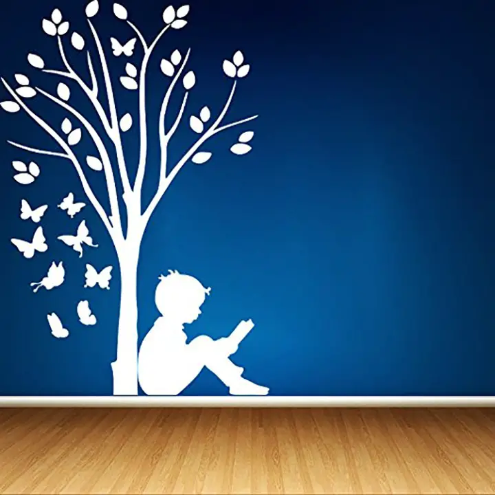 boy reading under tree and butterflies' for blue wall, qall sticker