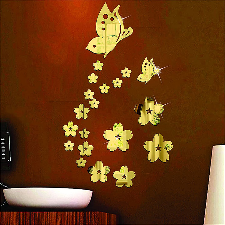 butterfly & flowers golden 3d acrylic decorative mirror wall stickers