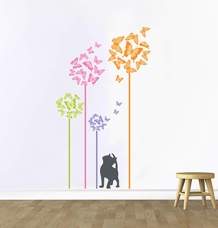 colourful butterflies with silhouette of cat wall stickers