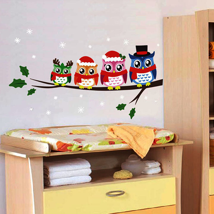 cute owls with christmas cap' wall stickers