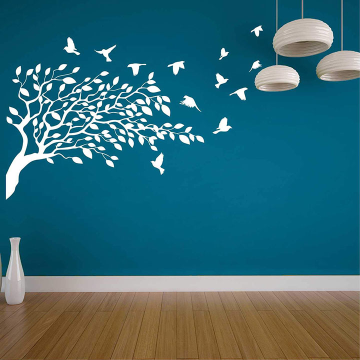 flying birds and white tree for blue wall sticker