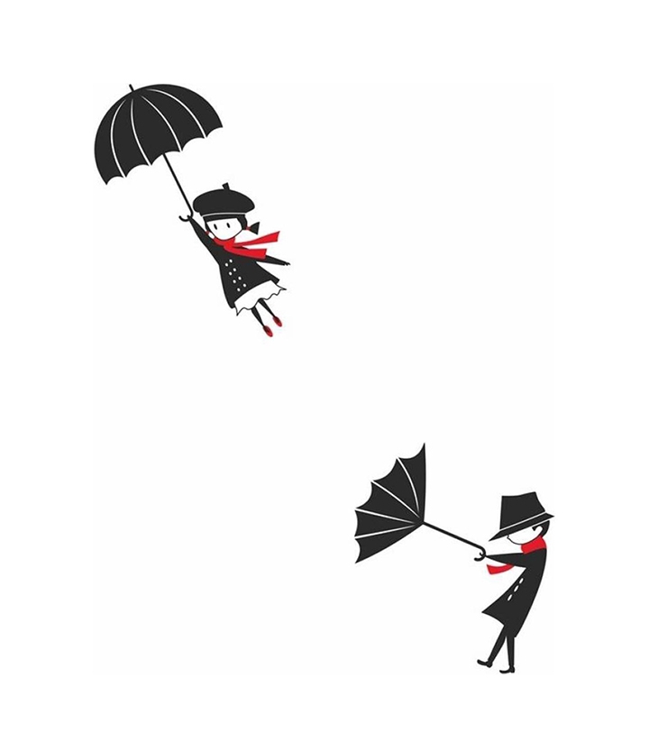 'funny flying girl and boy in wind with umbrella' wall sticker.