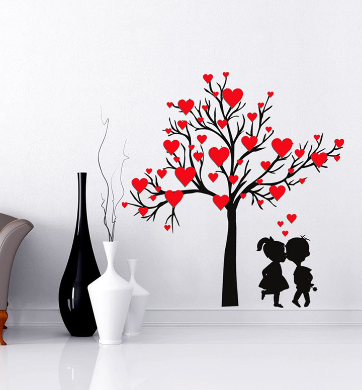 'heart shaped leaves with loving couple' wall sticker