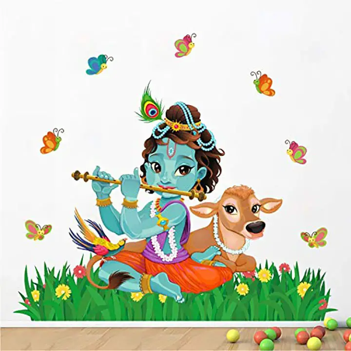 'lord krishna flute playing with cow - grass- flower - nature - butterfly - decorative
