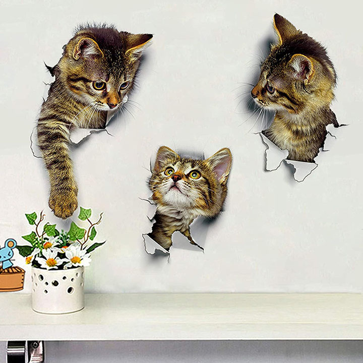 three lovely cats hole view wall stickers