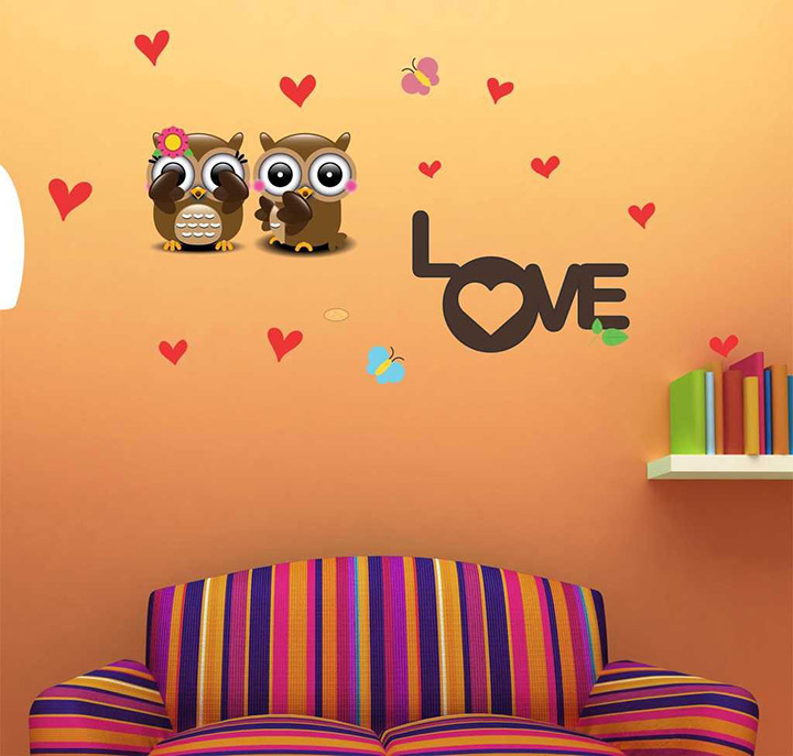 two owls with symbol of love' wall stickers