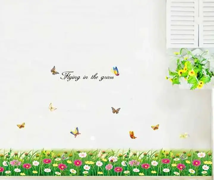 wall stickers green grass with flowers