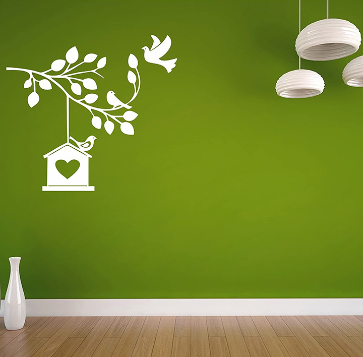 white birds with nest on dark walls, wall sticker