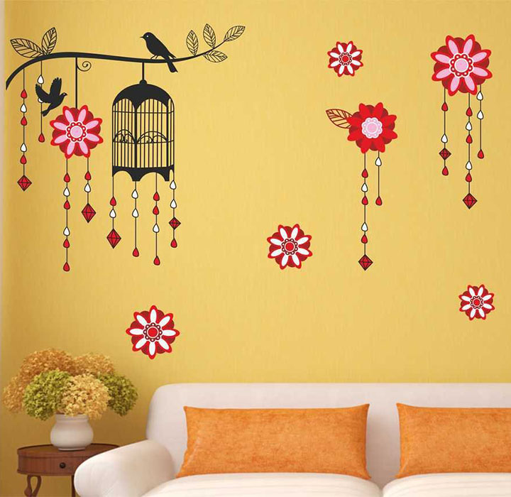 cage with bird on branch wall sticker