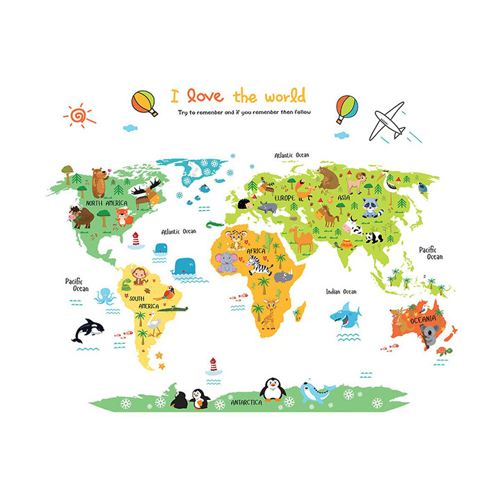creative animals world map cartoon wall stickers