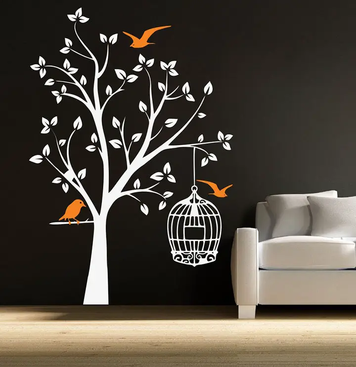 DECOR Kafe Decal Style Orange Bird and Tree Wall Sticker