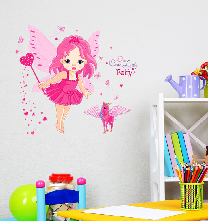 Decals Design 'Baby Girl Cartoon Cute Princess in Pink with Butterfly Wings and Unicorn' Wall Sticker