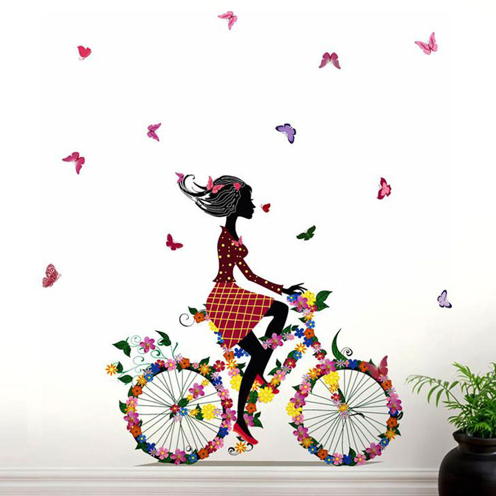 Decals Design 'Bicycle with Flowers and Girl' Wall Sticker