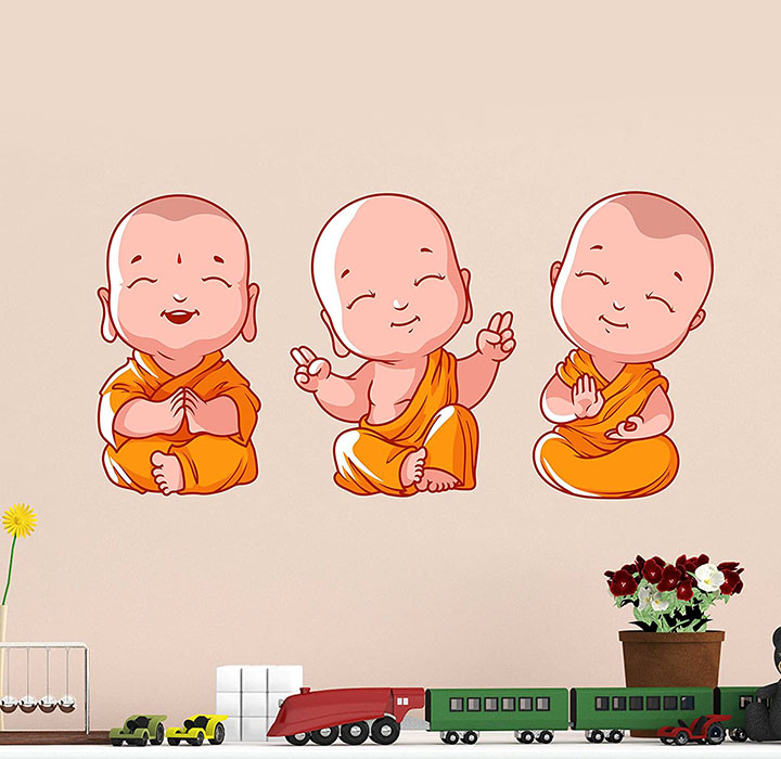 decals design buddha design three baby monk pvc wall sticker